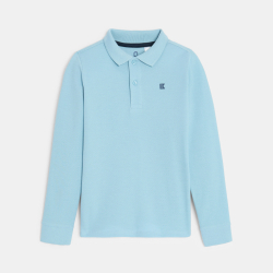 قميص بولو أزرق اللون بأكمام طويلة من قماش الجيرسيه المضلع للأولاد